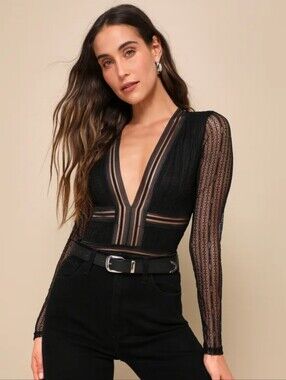 Lulu's Black Lace Plunge V-Neck Long Sleeve Bodysuit